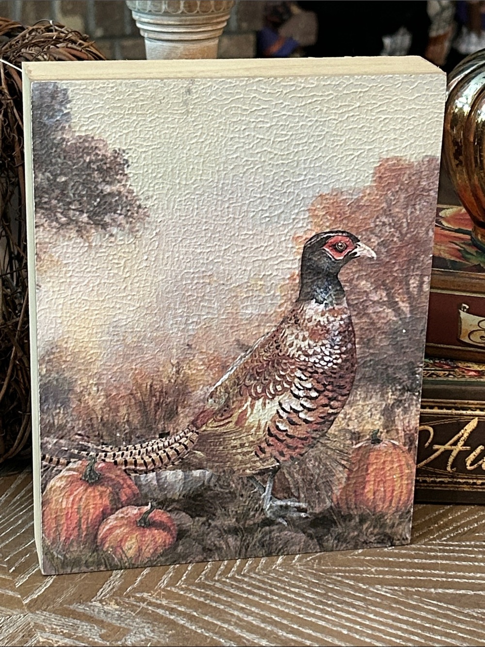 NEW! Vintage Inspired Fall Autumn Harvest Rustic Wood Pheasant Pumpkin Art